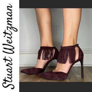 STUART WEITZMAN Fringelica Currant Suede D'Orsay Ankle Fringe Stilettos Size 7.5
